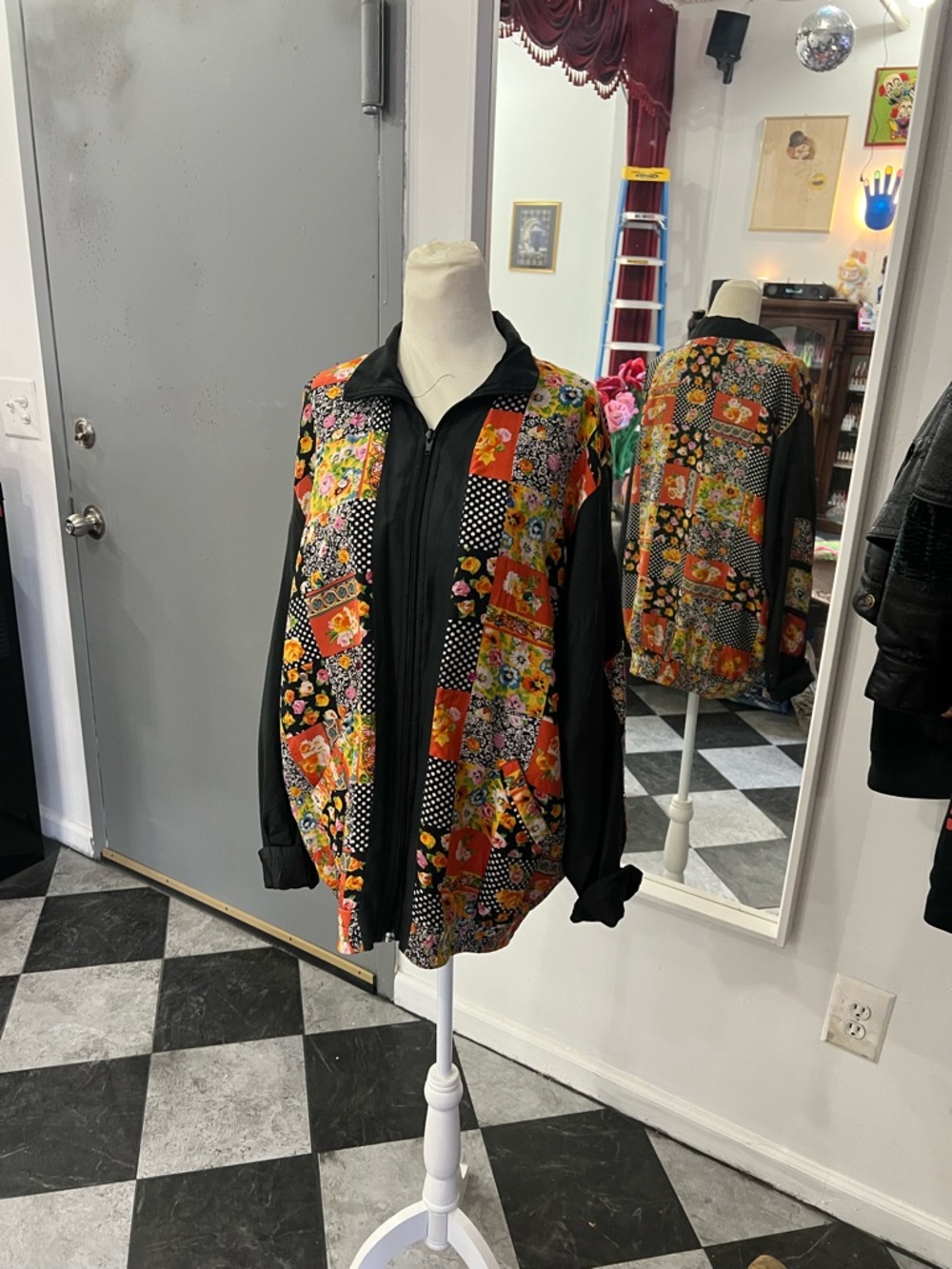 Vintage Silk Black Floral Patchwork Zip-Front Jacket 80s 90s